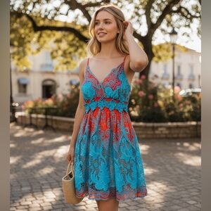 Antica Sartoria Positano Short Crochet Dress Turquoise Orange One Size
